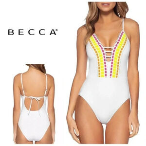Becca French Trellis One Piece Swimsuit – Multicolor Ladder Front Monokini L